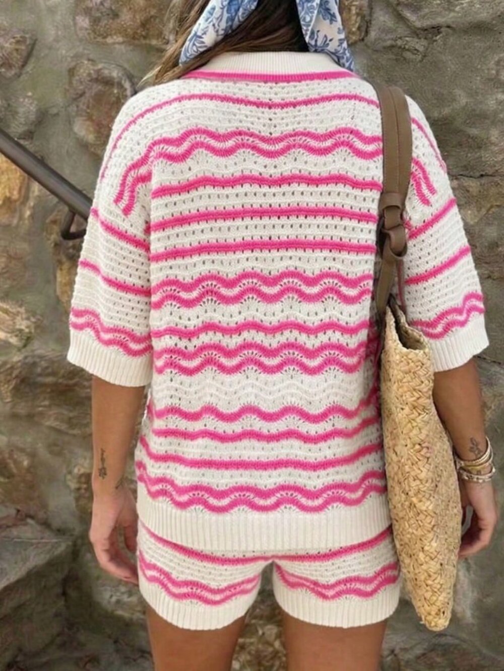 Pink Casual Women's Crochet Knit  Shorts Set with Striped V-Neck Top 2-Piece set - Picture 7 of 7